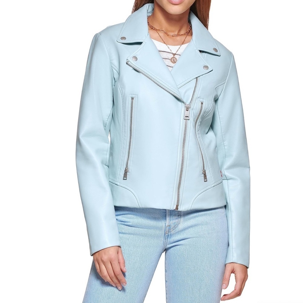 Levi's Women's Faux Leather Belted Motorcycle Jacket in Dusty Blue New with tags